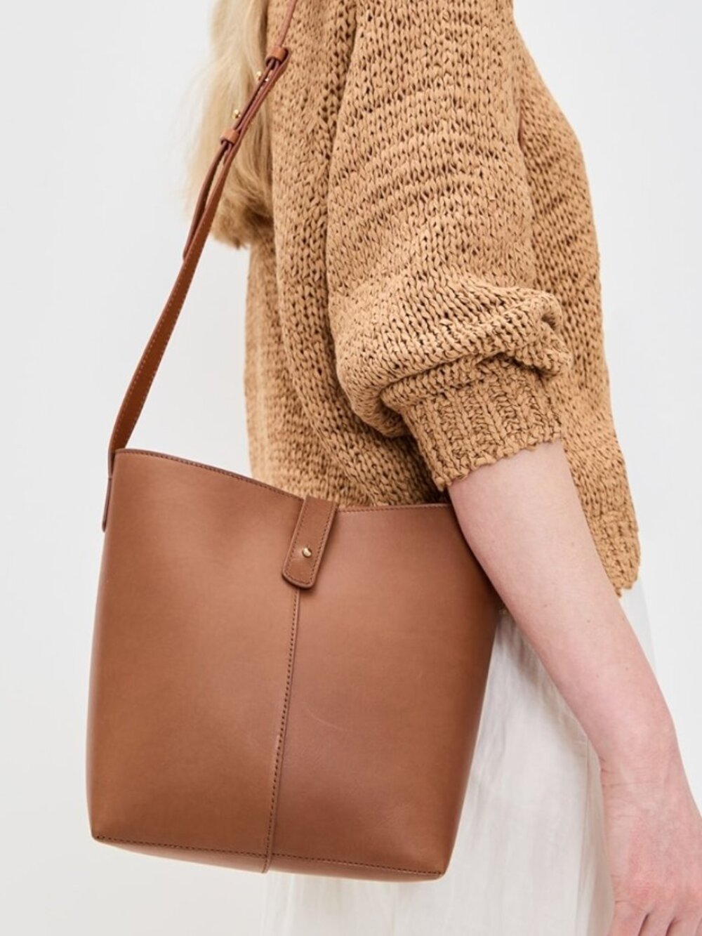 Jenni Kayne Mini Leather Bucket Bag in Cognac